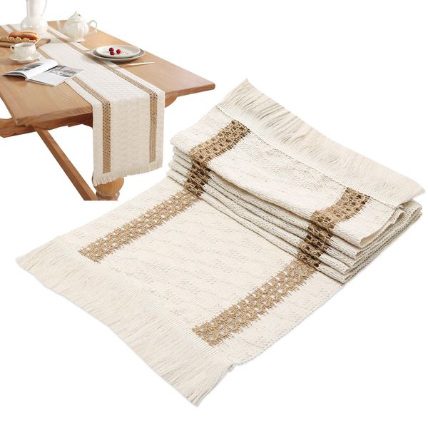 Boho Table Runner with Tassels 30 x 200cm, Cotton and Linen Table Runner Beige, Bohemian Farmhouse Style Macrame Table Runner for Dining Table, Party, Holidays, Birthday