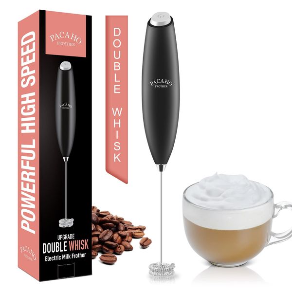 PACAHO Powerful Milk Frother with Double Whisk, Handheld Electric Foam Maker, Hand Mixer Wand, Portable Mini Blender Foamer Stirrer for Coffee, Latte, Matcha,Hot Chocolate