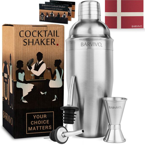 Barvivo Cocktail Shaker Set with Double Jiggers & 2 Liquor Pourers - 24oz Cocktail Set Martini Shaker Made of Brushed Stainless Steel with Cocktail Strainer - Premium Cocktail Accessories for Drinks