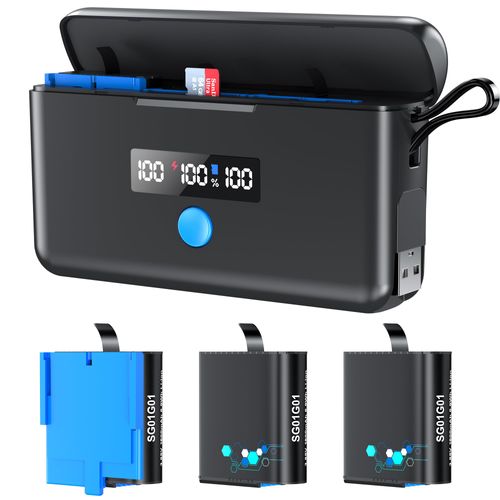 3 Pack GoPro Hero 8/7/6/5 Battery with Display Screen Charger, SD Card Reader, and Rapid Charging Compatibility for Hero 11/10/9/8/7/6/5 Models