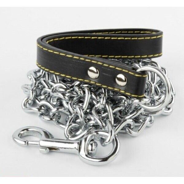 4.0MM X 72" Chrome Dog Chain Heavy Duty Pet Leash with Leather Hand Strap Train