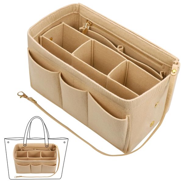 Fentar Tote Bag Organiser Insert, Felt Handbag Organiser Insert with Multiple Compartments and Zips, Tote Bag Insert, Sturdy Bag Organiser with Key Chain for Tote Bag (M, Beige)