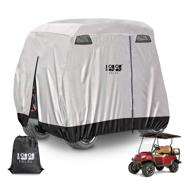 10L0L Golf Cart Covers Universal Fits EZGO Club Car Yamaha Lifted 2/4 Passengers Golf Cart Waterproof Windproof Sunproof Outdoor Polyester Full Cover with 3-Silver