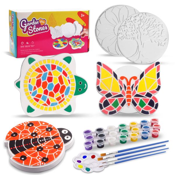 IFLOVE Paint Your Own Stepping Stones for Kids Craft Kits，Arts and Crafts for Kids Ages 4-8,5 Pack Painting Crafts for Girls Ages 8-12，Outdoor Toys Art Supplies Toddler Fun Activities Birthday Gift