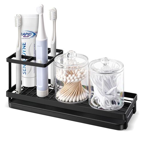 IWTTWY Toothbrush Holders for Bathroom, Rustproof Metal Toothpaste Holder with Removable Drip Tray, Electric Tooth Brush Toothpaste Dispenser for Bathroom Countertop (Black)