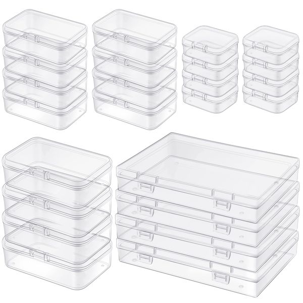 Qeirudu 24 Pcs Small Plastic Containers with Lids - Mini Plastic Craft Storage Boxes with Hinged Lids Clear Bead Organizer for Jewelry Findings and Art Supplies (4 Mixed Sizes)