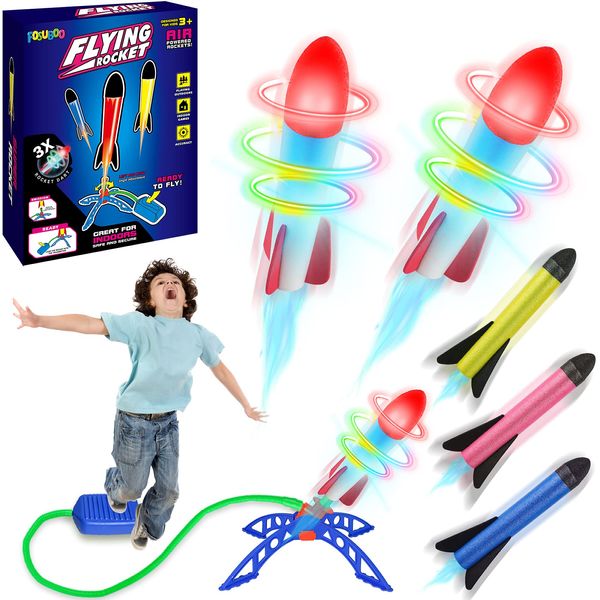 Rocket Toy for Kids, 6 Rocket Toys ( 3*LED Rockets + 3*Foam Rockets + Stickers) Garden Toys for 3 4 5 6 7 Years Old Boys Girls, Air Rocket Launcher Toy, Kids Toy Gift Sets for Outdoor, Indoor, Garden