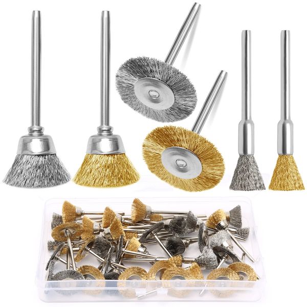 48 PCS Brass / Stainless Steel Wire Brush Wheel Set, Mini Wire Brush Wheel Cup Brush for Power Rotary Tools Polishing, Cleaning Metal Rust, Drill Attachment Bit Set 1/8 Inch(3mm) Shank