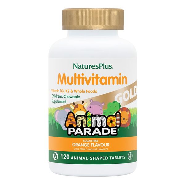 NaturesPlus Animal Parade Source of Life Gold Children's Multivitamin - Orange Flavor - 120 Chewable Animal Shaped Tablets - Immune Support Supplement - Gluten-Free - 60 Servings