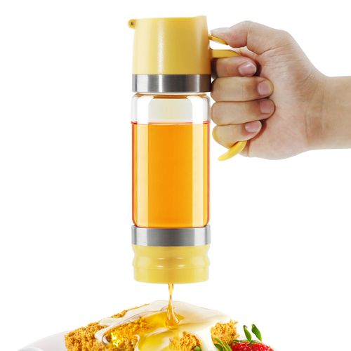 Aelga Glass Honey Dispenser Pot, No Drip 12 OZ Honey Jar with Handle, Syrup Dispenser for Coffee or Tea, Yellow