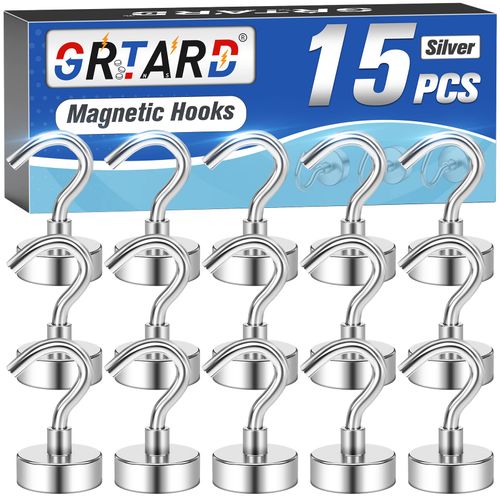 Grtard 15 Pack Magnetic Hooks Heavy Duty, 25LBS Strong Neodymium Magnet Hooks for Hanging, Strong Magnetic Hooks for Cruise, Magnet with Hooks for Fridge, Home, Kitchen, Industry, Workplace, Office