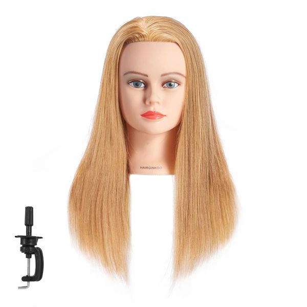 Hairginkgo Mannequin Head 20"-22" 100% Human Hair Manikin Head Hairdresser Training Head Cosmetology Doll Head for Styling Dye Cutting Braiding Practice with Clamp Stand (91812W2714)