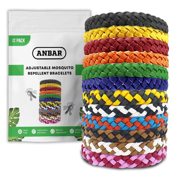 Anbar Leather Mosquito Repellent Bracelets for Adults and Kids, 12 Pack, Deet Free, All-Natural Anti-Mosquito, Tick, and Insect Essential Oils, 300-Hour Waterproof Outdoor Protection (Mixed)