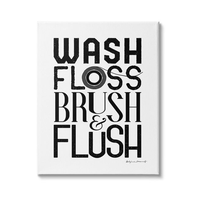 Stupell Industries Bathroom Terms Wash Floss Brush Flush Minimal Text, Designed by Stephanie Workman Marrott Canvas Wall Art, 30 x 40, Black