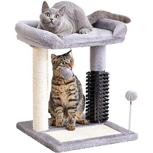 Made4Pets Small Cat Tree Tower, Scratching Post 4-in-1 with Self Grey