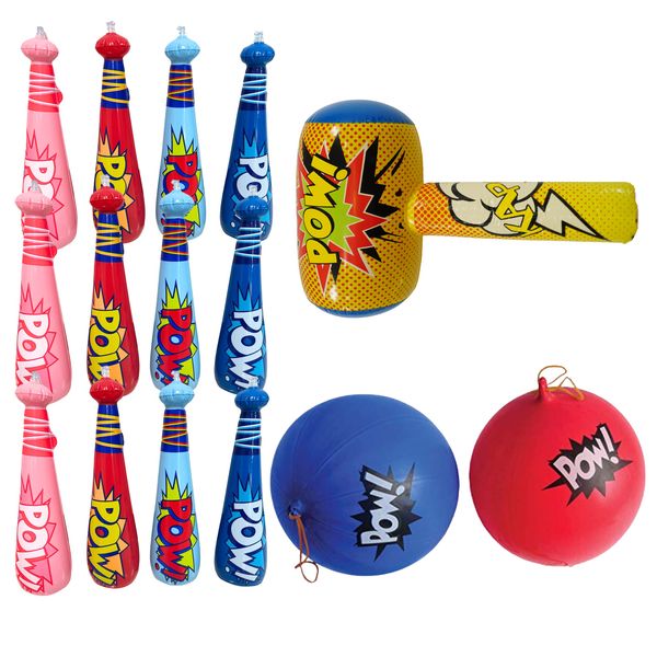 25 Pc Set, 12 Oversized 20'' Pow Inflatable Baseball Bats, 12 Punch Balloon, 1 Huge 30" Bopper - for Superhero Theme Birthday Party Favors for Kids, Carnival Prizes Party Supplies by 4E's Novelty