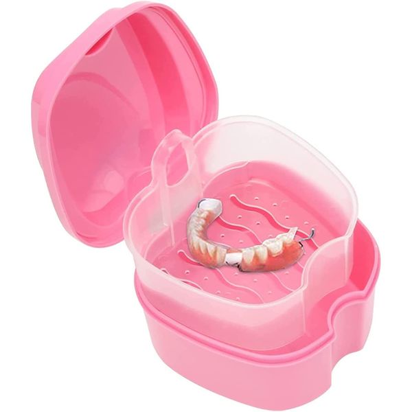 Retainer Case Denture Bath Box Easy Clean with Strainer Basket Portable False Teeth Storage Mouth Guard Denture Holder for Travel Retainer Soaking Cleaning (Pink)