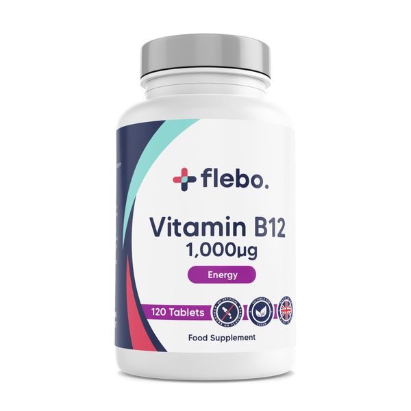 Premium Vitamin B12 Tablets High Strength- 1000mcg Vegan Supplement- 120 Cyanocobalamin Tablets- Made in UK to Help Reduce Tiredness and Fatigue- Recommended by UK Doctors at Flebo.