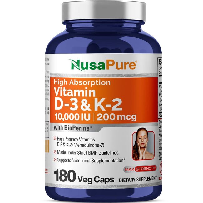 NusaPure Vitamin K2 (MK7) (200mcg) + Vitamin D3 (10000 IU) 180 Veg Caps