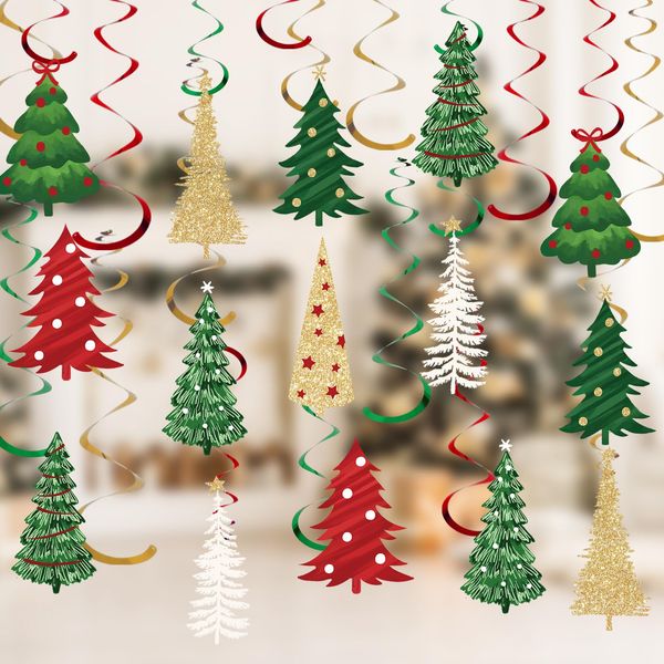 JarThenaAMCS 32Pcs Christmas Tree Hanging Swirls Decoration Foil Red Green Gold Xmas Pine Tree Ceiling Spiral Streamers Ornaments for Winter Party Home Wall Supplies