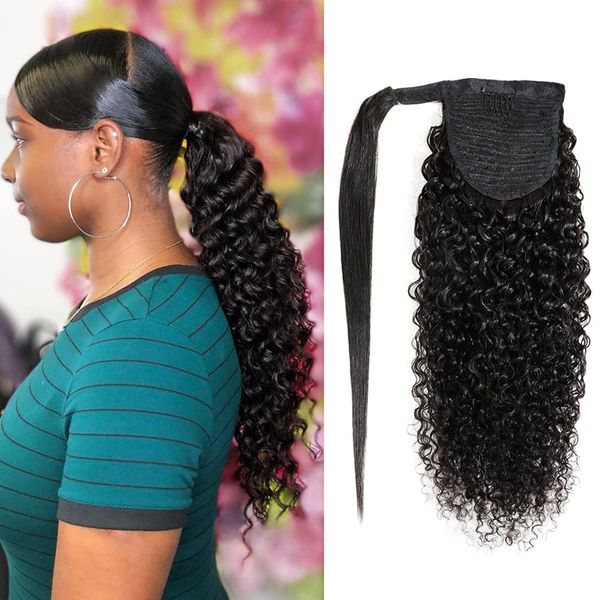 Alisfeel Kinky Curly Ponytail for Black Women 10A Unprocessed Human Hair Wrap Around Ponytail Extensions Remy Brazilian Curly Clip In Pony Tail Hairpiece with Magic Paste 110g (18 Inch)