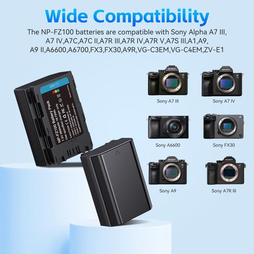 NP-FZ100 Battery, 2x2600mAh Replacement Camera Battery Charger Set for Sony A7III, A7IV, A7C, A7CII, A7R III, A7R IV, A7R V, A7S III, A1, A9, A9R, A9S, A9II, A6600, A6700, FX3, FX30, ZV-E1 Batteries