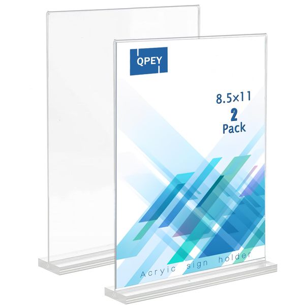 QPEY Acrylic Sign Holder, 8.5 x 11 inches Clear Sign Holder T Shape Double-Sided Table Menu Display Stand Desktop Display Stand Paper Holder Acrylic sign (transparent) (2PCS 8.5 x 11 inches)