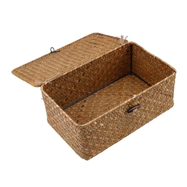 Wicker Storage Basket Woven Rattan Storage Box With Lids Seagrass Laundry Baskets Makeup Organizer For Bathroom, Living Room, Kitchen (M)