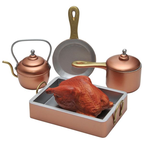 The Queen's Treasures 18 Inch Doll Baking Accessories, 7 Piece 18 Copper Look Kitchen Pots, Pans, Tea Kettle, Plus Roast Chicken, Compatible with American Girl Dolls Kitchens & Furniture