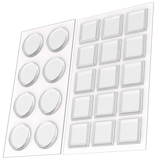 1 Inch Clear Adhesive Bumpers Combo Pack (Square, Circle) - Made in USA - Set of 23 Transparent Glass Protective Pads, Self Stick Rubber Pads for Glass Table Top, Furniture Feet, Picture Frames