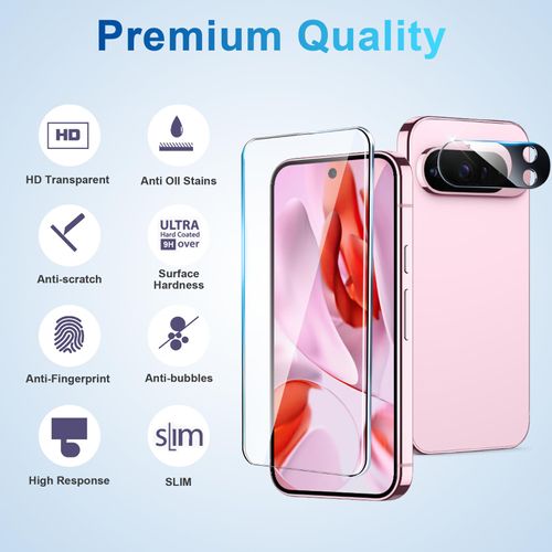 Screen Protector Compatible with Pixel 9 Pro 5G, [4+4 Pack] Camera Lens Protectors, HD Tempered Glass, Fingerprint Unlock Support, Touch Sensitive, Anti Scratch