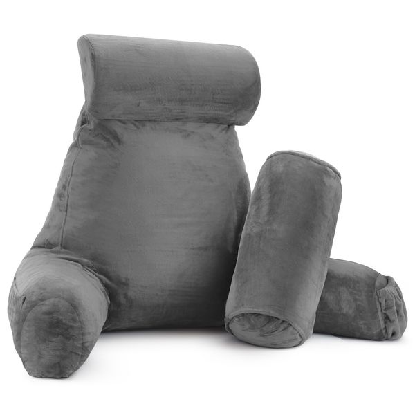 Large Foam Reading & TV Bed Rest Pillow +2 Neck & Lumbar Pillows, W/Pocket -Gray