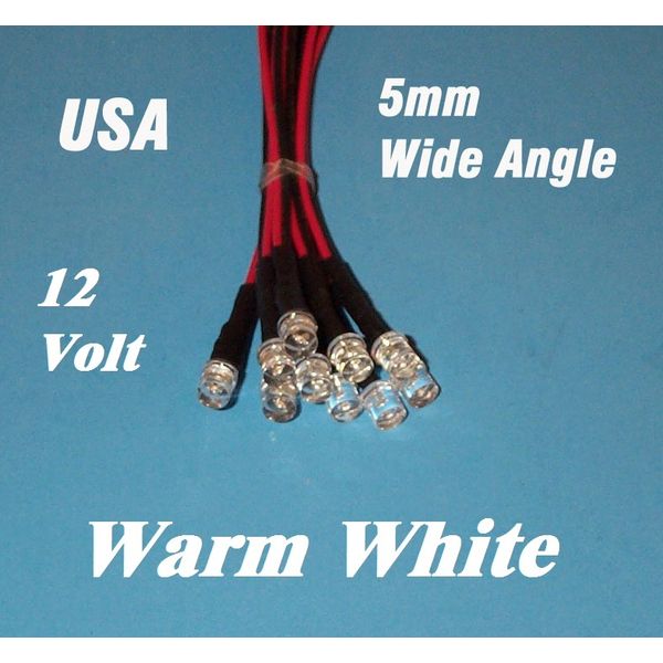 10 x LED - 5mm PRE WIRED 12 VOLT WIDE VIEW WARM WHITE flat top