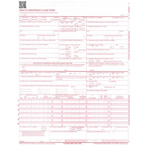 New CMS-1500 Insurance Claim Forms, HCFA (Version 02/12) - 9 REAMS (4500 Sheets/Forms)
