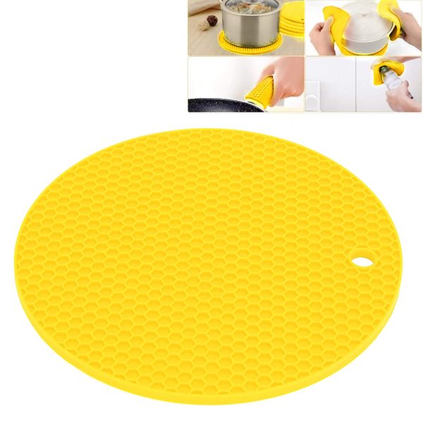 Mokernali Silicone Trivet Mats, Table Place Mats, Heat Resistant Thickened Round Shape Table Placemat Non-Slip Insulation Pad Microwave Oven Mat for Hot Pots Holder Pads Pans(Yellow)