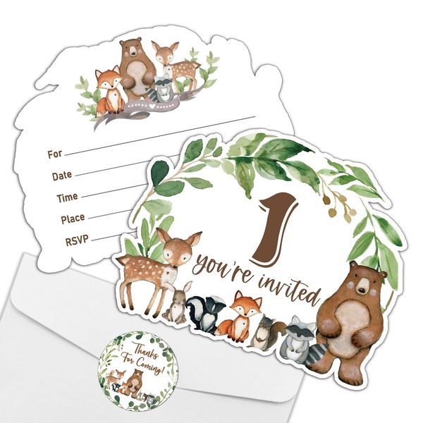 REWIDPARTY 1st Birthday Party Invitations with Envelopes & Stickers（Set of 15） Woodland Animals Shaped Fill-in Invitations Forest Animals Invites Cards 1st Kids Birthday Anniversary Party Supplies