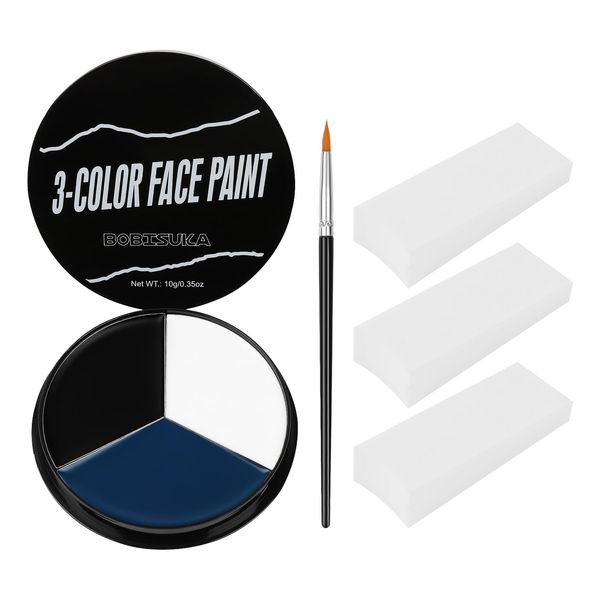 BOBISUKA White Black Blue Face Paint + 3PC Sponge + Brush Body Paint Set, Colored Eye Black for Baseball Softball Sport Games, Face Painting for Avatar Makeup, Halloween, Cosplay, Costume, SFX Special Effect and Theme Parties