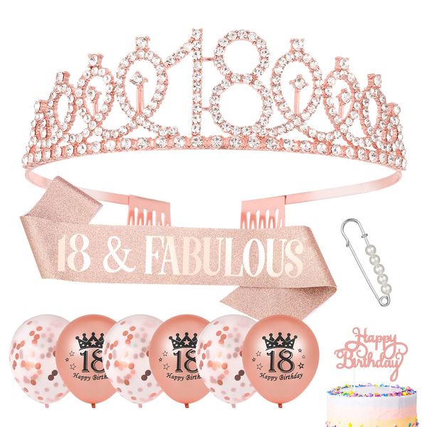 Popuppe 18th Birthday Sash and Tiara Rose Gold 18 & Fabulous Sash Rhinestone Crown Balloons Birthday Cake Topper for Girls Birthday Gift Party Decorations Supplies (Rose Gold)