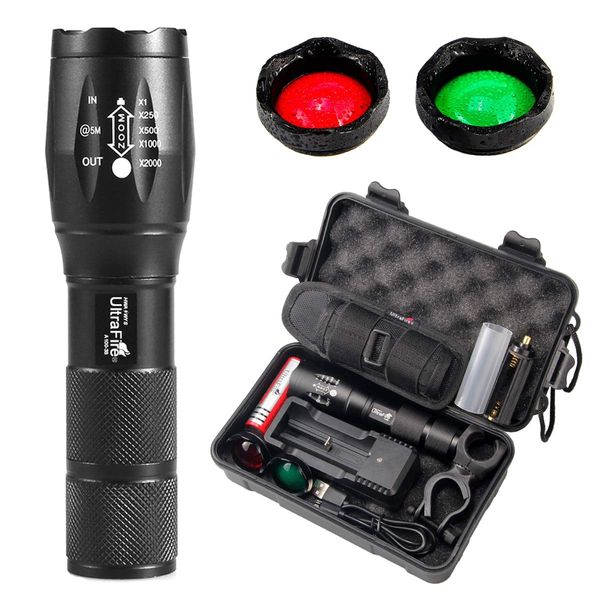 ULTRAFIRE A100 Tactical Flashlight, 900 Lumens 5 Modes LED Zoomable Hunting Flashlight Torch with Duty Belt Flashlight Holster, Red/Green/White Exchange Glass