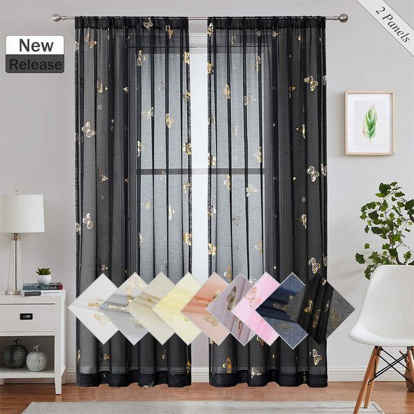 Jubilantex Black and Gold Butterfly Sheer Curtain Panels for Boys Girls Room, Linen Textured Metallic Print Patterned Voile Rod Pocket Curtain Drapes 84 Inch Long for Bedroom, 2 Panels