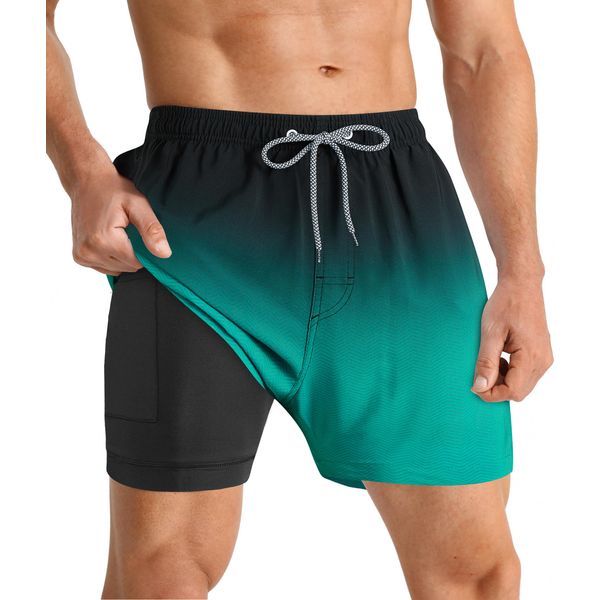 APTRO Herren Badehose Badeshorts Schwimmhose Board Shorts Kurz Schnelltrocknend 2 in 1 Strand Shorts mit InnenhoseGrün MK183 L