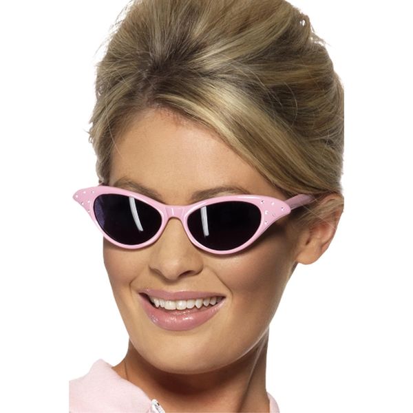 Smiffys Flyaway Style Rock & Roll Sunglasses, Pink with Diamante, 1950's Rock'n'Rolla Fancy Dress, Adult Dress Up Accessories