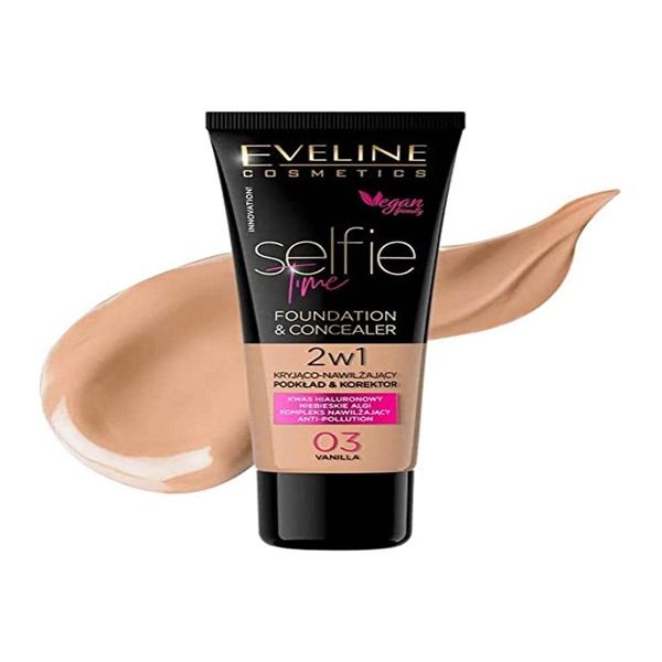 Eveline Cosmetics Selfie Time Abdeckende und feuchtigkeitsspendende Foundation und Concealer 2in1, 30 ml, Nr. 03 Vanilla