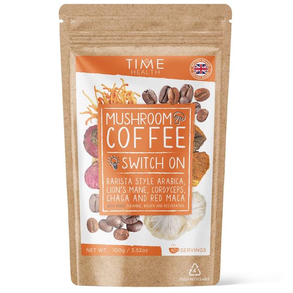 Mushroom Coffee Blend (Instant) - 100g - 40 Servings - Arabica Coffee, Lion's Mane, Cordyceps, Chaga & More - Natural Energy & Focus - UK Made - 5% Micro Ground Coffee