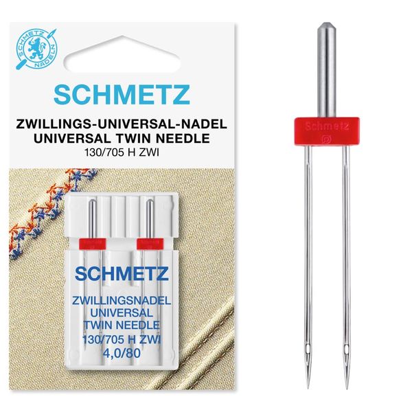 SCHMETZ Domestic Sewing Machine Needles | 2 Universal Twin Needle 4.0/80 | 130/705 H ZWI NE 4.0 | for simultaneous Sewing of Two Seams | for on All Household Sewing Machines with Zigzag Function