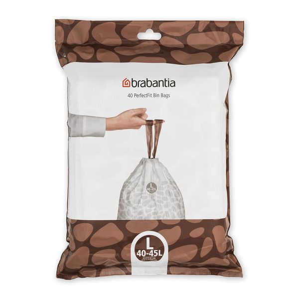 Brabantia PerfectFit Trash Bags (Size L/10.6-12 Gal) Thick Plastic Trash Can Liners with Drawstring Handles (40 Bags)