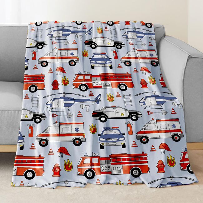 Fire Truck Blanket, Ambulance Police Car Blanket for Boys, Soft Fleece Kids' Blanket for Bed Couch Sofa, Fire Truck Birthday Gifts for Boys 40x50 Inch