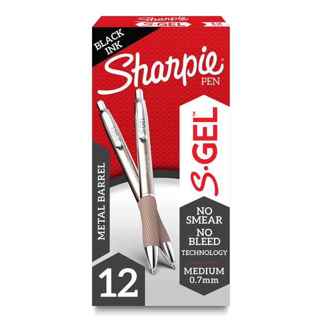 SHARPIE S-Gel, Gel Pens, Sleek Metal Barrel, Champagne, Medium Point (0.7mm), Black Ink, 12 Count