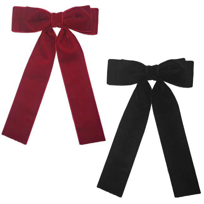 ALLY-MAGIC Black Velvet Hair Clip with Long Ribbon Big Bow Bowknot 2 Pcs French Hair Barrettes for Adults Kids Party Hair Accessories Gift Y2-SRHDFJ (Black + Red)