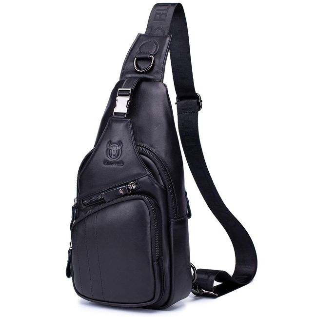 BULLCAPTAIN Leather Men Sling Bag Casual Crossbody Chest Bags Travel Daypack (Black)